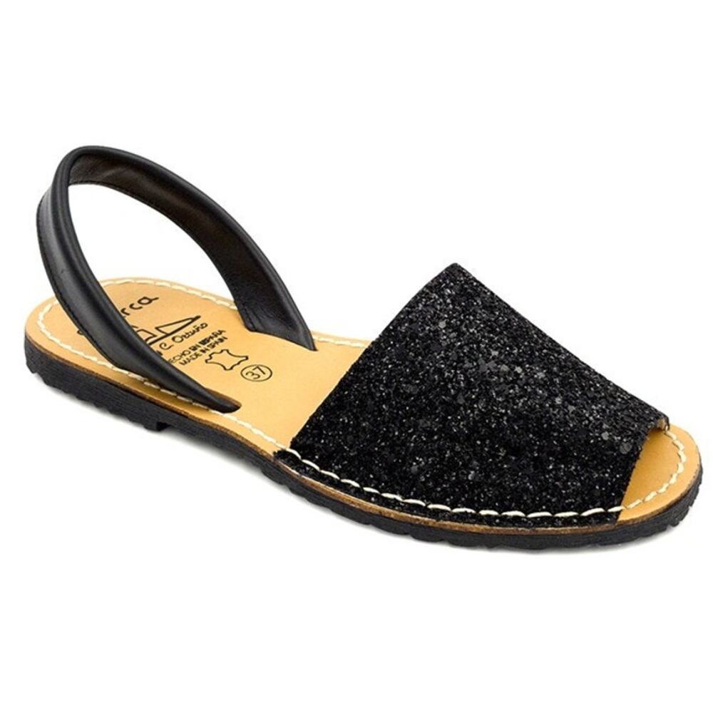 PONS Style Avarcas Handmade Spanish Leather Sandal – Black Glitter – Size 6 / 37